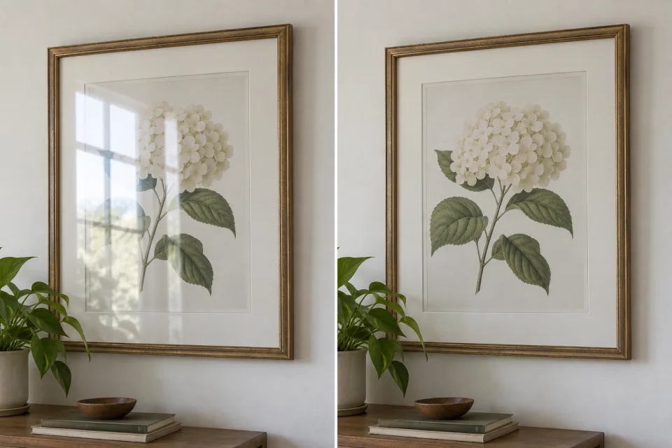 Framed botanical artwork with window glare before and after it was removed with AI