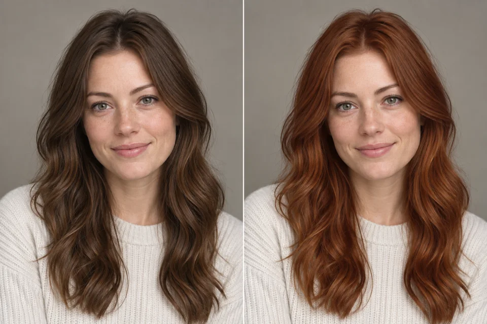 The same portrait with brown hair before and copper hair after an AI colour change