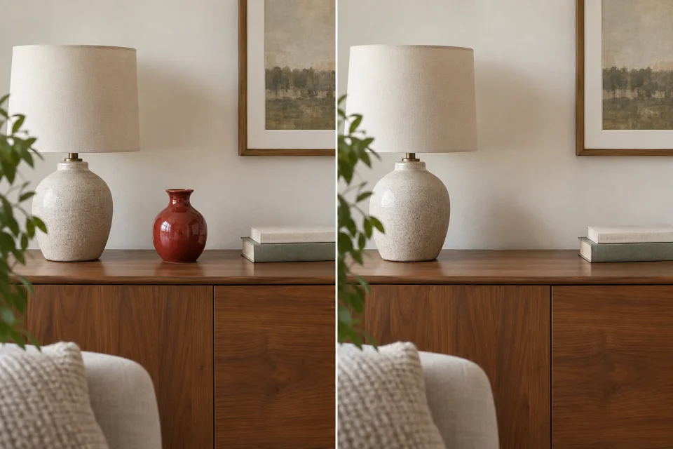 A red vase on a sideboard before and after it was removed with AI