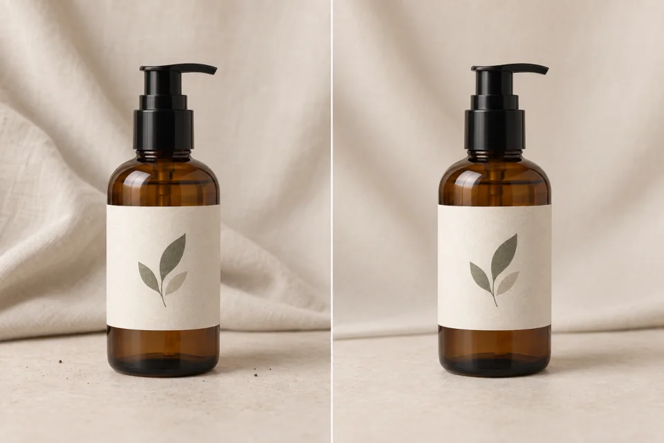 A product bottle before and after the surrounding dust and backdrop wrinkle were cleaned while its label stayed unchanged